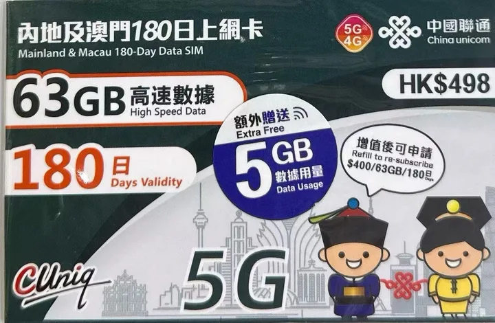中國聯通 - 【內地及澳門】180日 68GB上網卡帶號碼 1