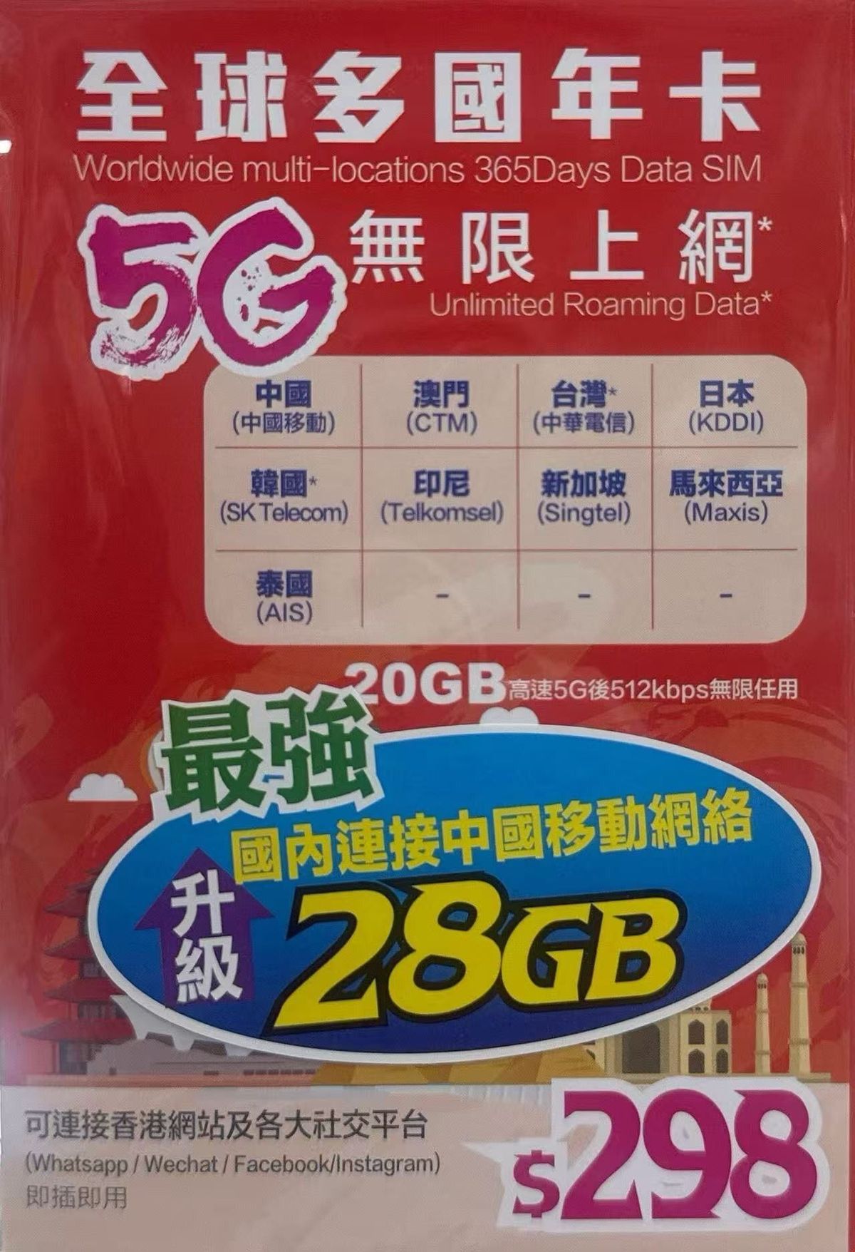 Lucky - 亞洲 日本 韓國 泰國年卡【365日年卡9國共用 20GB 】5G 升級最強國內連接中國行動網絡 數據漫遊年卡 數據卡 上網卡 旅行電話卡 (可連接各大社交平台及香港網站)