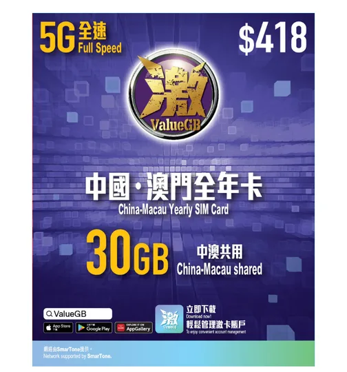 數碼通 - 激ValueGB【中國、澳門】(30GB+5GB / 365日) 5G/4G上網卡 1
