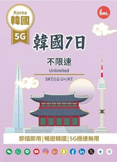 SK Telecom - Bm SK-T/LG U/KT 韓國全網通 真無限上網【7日全程5G不限速】極高速無限數據卡 1