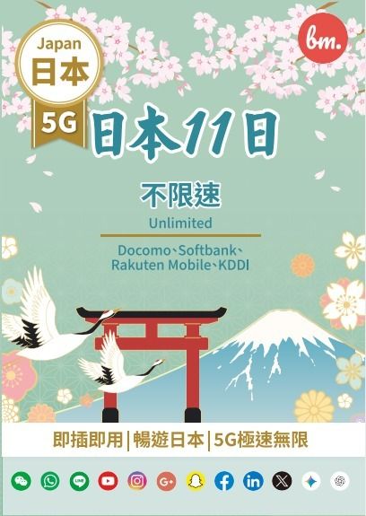 NTT docomo - Bm日本無限上網【11日全程5G不限速】Docomo/Softbank/Rakuten Mobile/KDDI網絡 5G極高速無限數據上網卡 電話卡