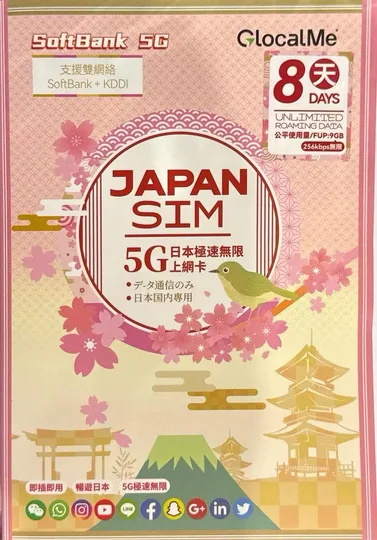 Softbank - Me日本 真•無限上網【8日全程 5G不限速】Softbank+KDDI雙網絡 5G極高速無限數據咭 上網卡電話卡 1