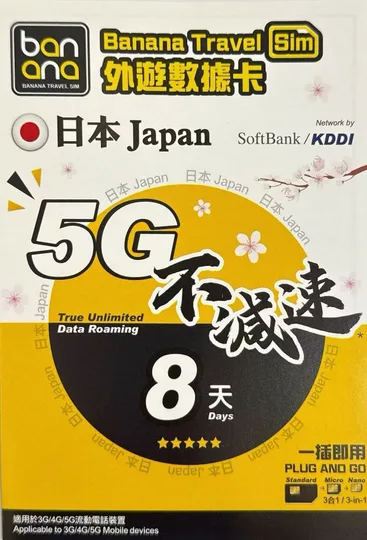 Banana Travel Sim - Banana 日本 真•無限上網【8日全程 5G不限速】雙網絡 Softbank+KDDI 極高速 無限數據卡 上網卡 電話卡 1
